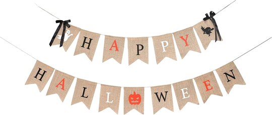 Greentek; Happy Halloween Burlap Banner Garland – Rustic Spooky Party Decorations with Black Bows for Indoor Outdoor Home, Office, Classroom, Mantel & Fireplace Decor; Category:Banners; Image:1
